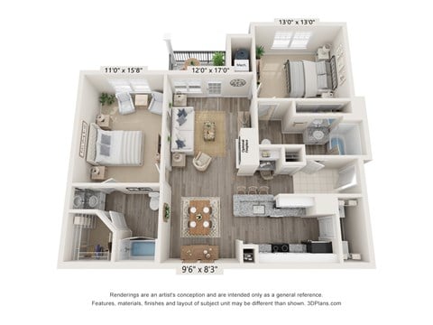 Floor plan for 2 beds, 2 baths, 1082 sqft